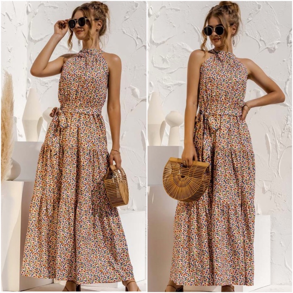 Boho Gypsy Floral Print Belted Halter Maxi Dress - Picture 1 of 2